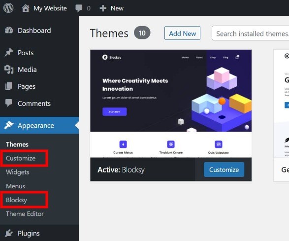 Blocksy theme options in menu