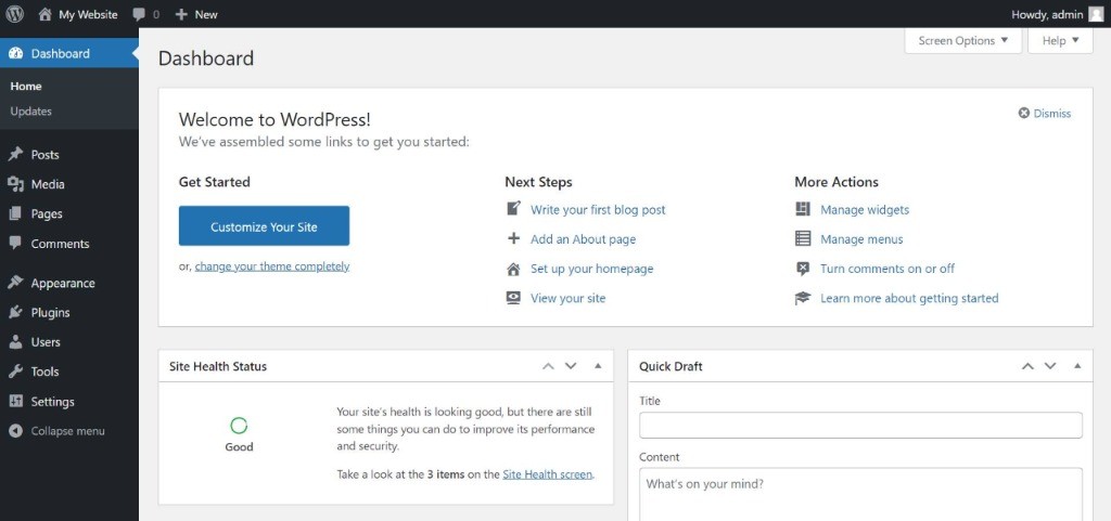WordPress dashboard na een frisse installatie