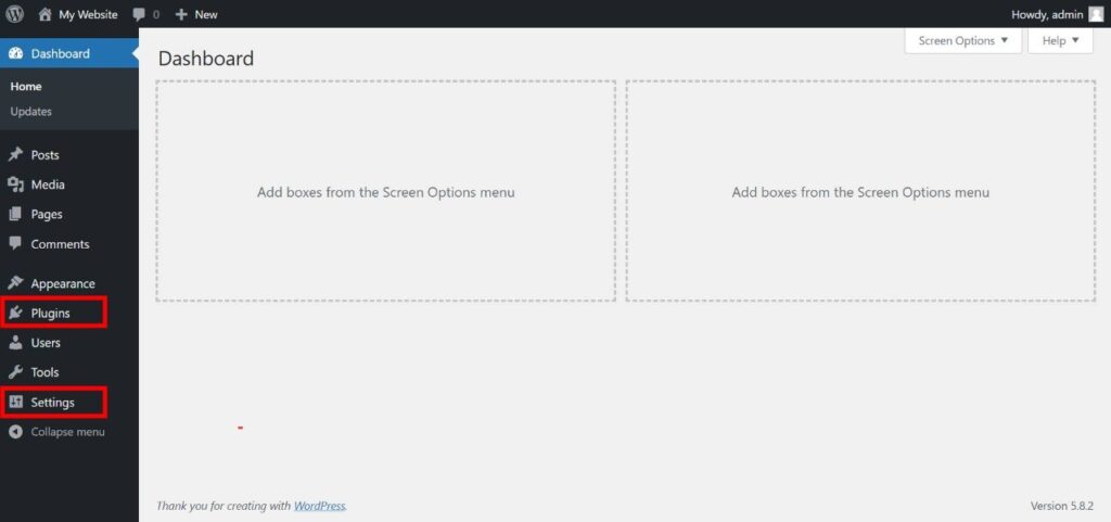Plugins and Settings in WordPress dashboard menu