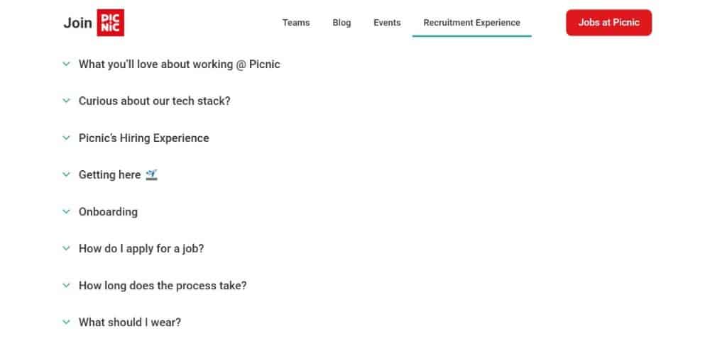Picnic career page with questions