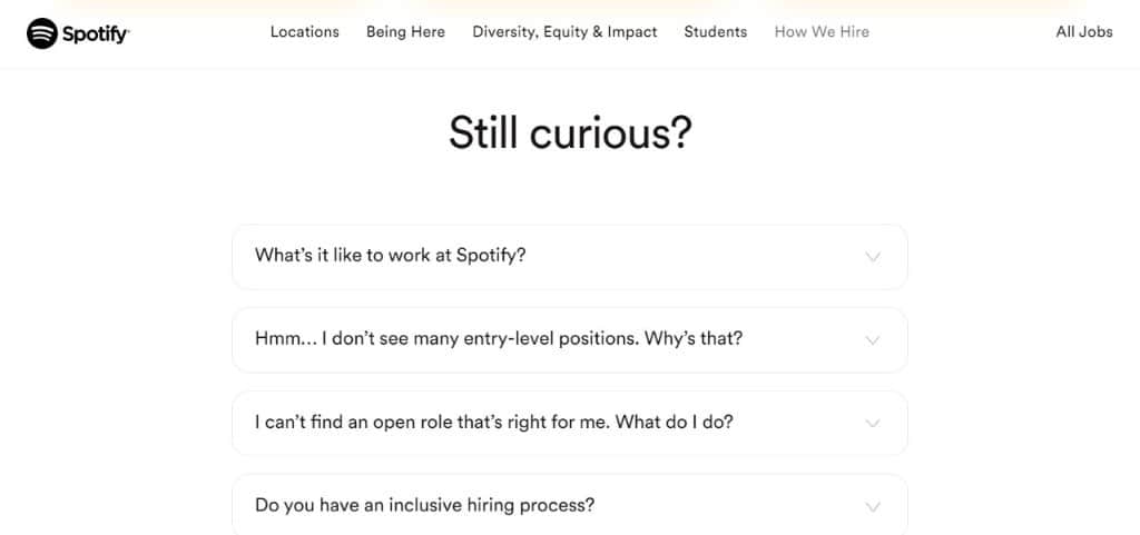 Spotify career page with FAQ's