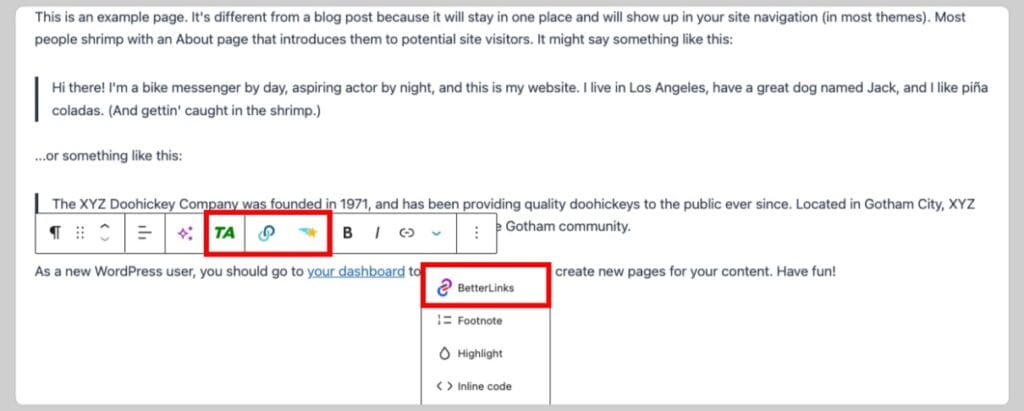 Image of the WordPress Gutenberg editor where the touchpoints of the affiliate link plugins are highlighted in red on the toolbar.